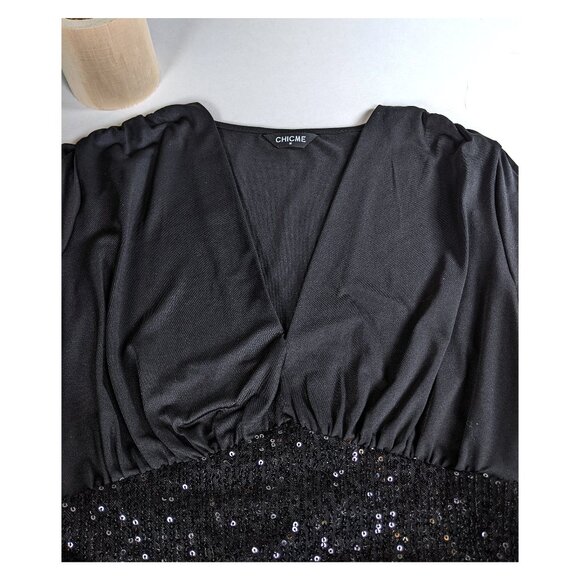 CHICME Black Sequin Ruched Bust Dress, Shirred Waist Long Sleeve Sz MedNew - Picture 6 of 7